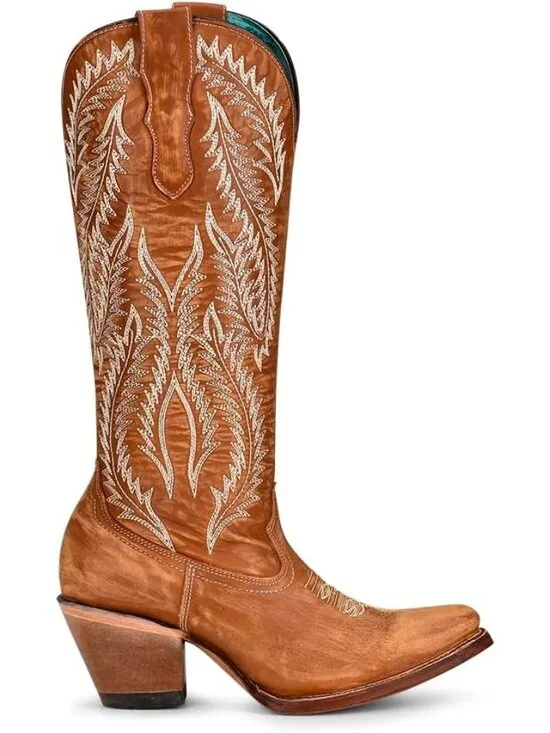 Women's Tan Handcrafted Western Boots J Toe Tall Cowboy Boots with Distressed - Picture 3 of 5